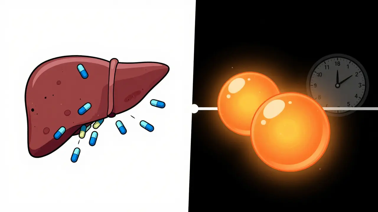 Split screen showing short vs long acting statins in liver cells