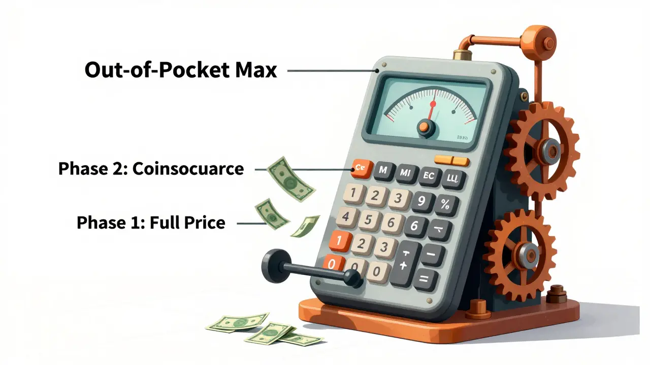 Steampunk calculator visualizing multi-phase therapy budgeting