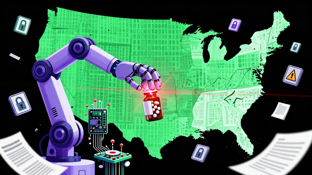 AI robot scanning pills amidst digital data and US map fragments