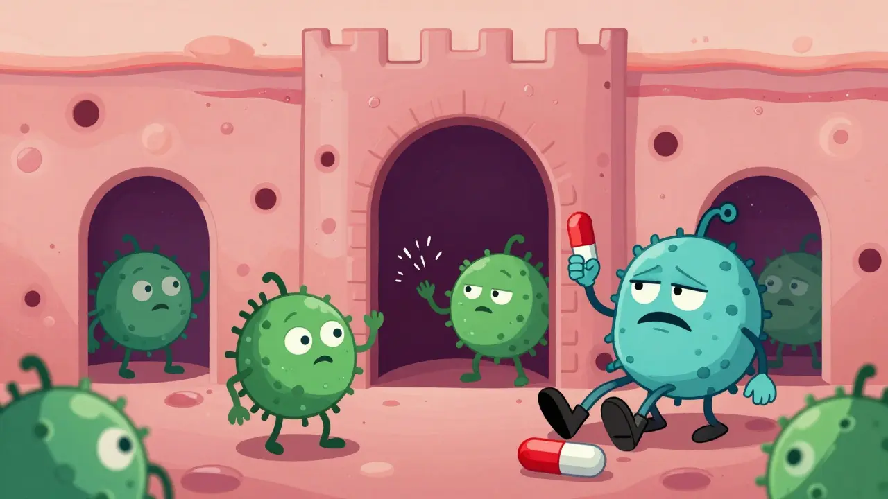 Cartoon bacteria partying in skin pores due to weak immune guard