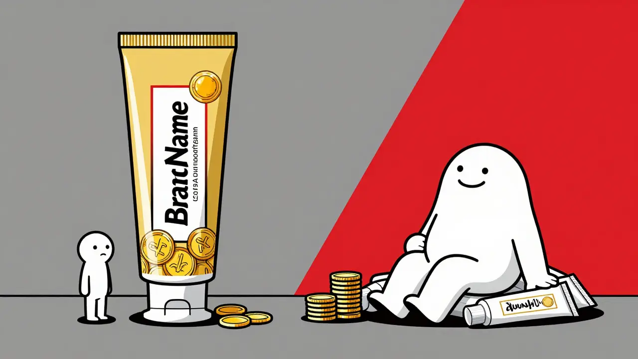 Cartoon comparing expensive brand-name cream to affordable generic alternatives.