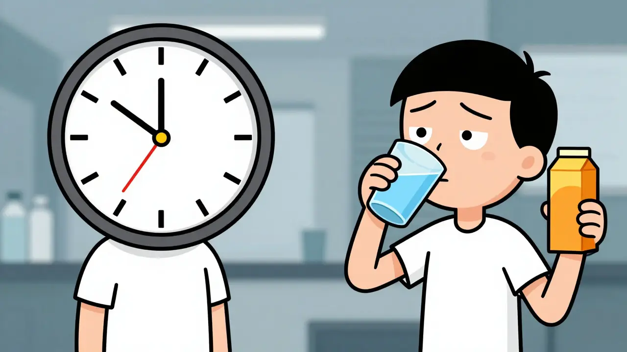 Cartoon showing proper timing separation for meds and juice