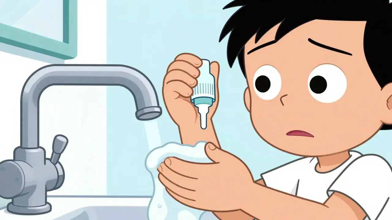 Character washing hands and applying eye drops safely