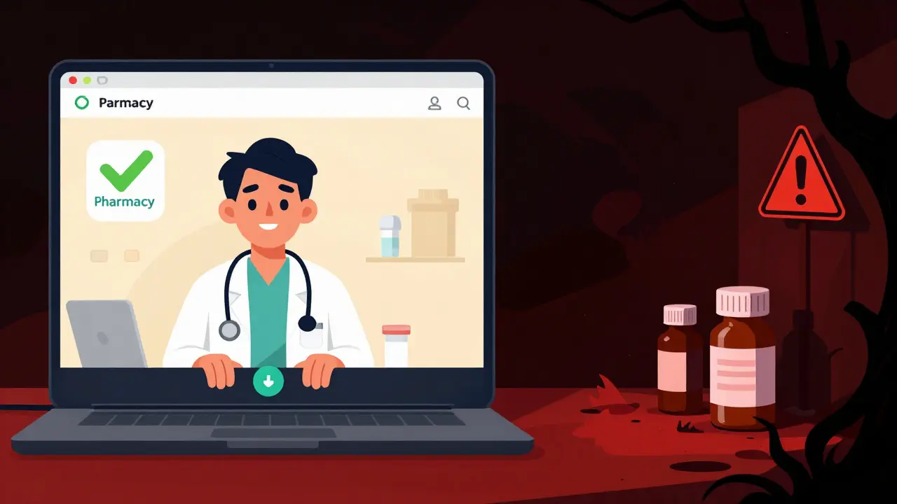 Illustration comparing safe telehealth pharmacy vs dangerous sites