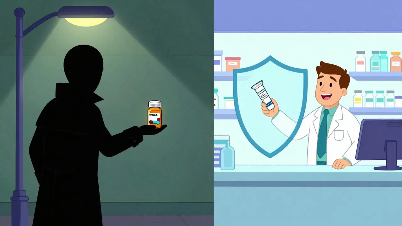 Illustration contrasting shady scam sellers with safe, verified online pharmacies.