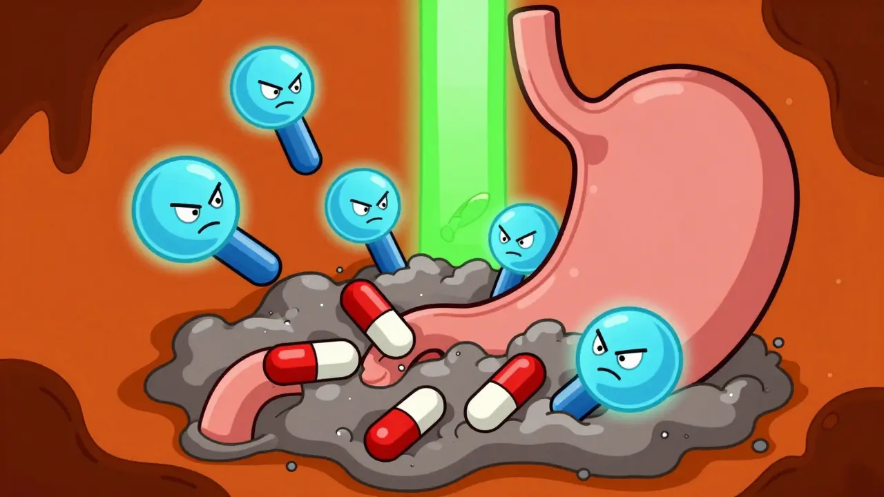 Illustration of calcium ions trapping medication in stomach