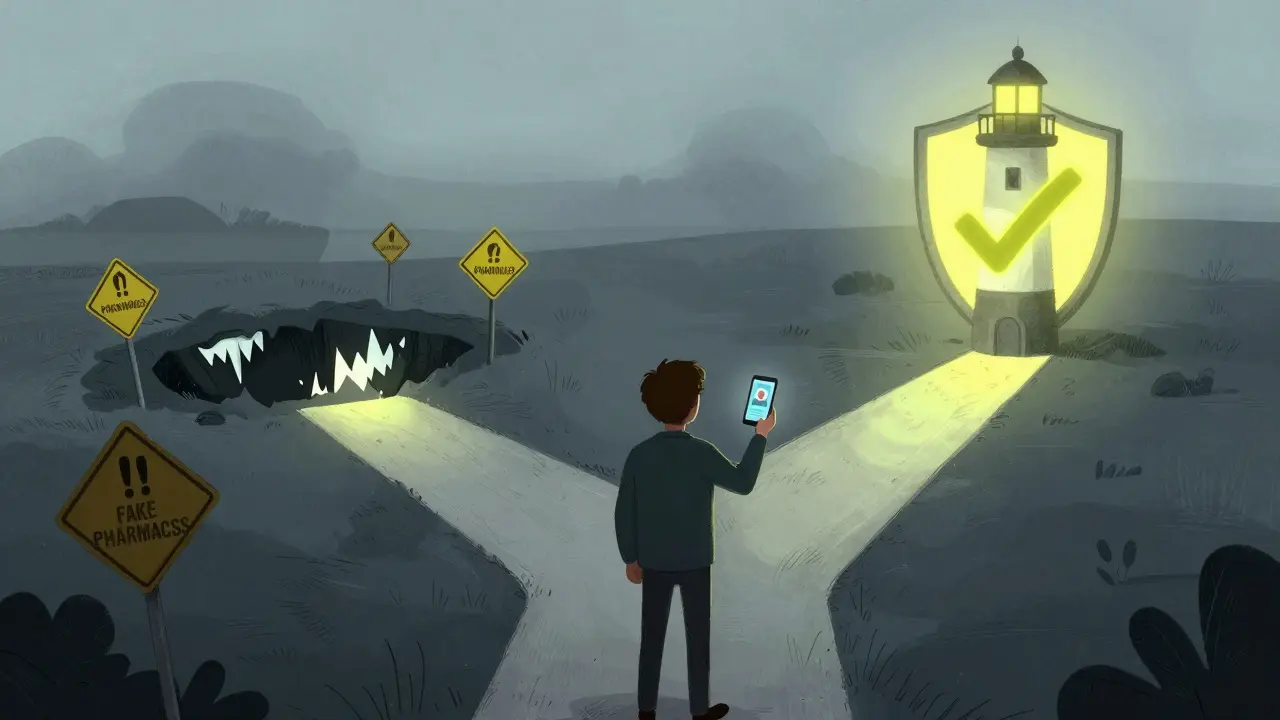 Illustration showing safe online pharmacy choices versus dangerous scams.