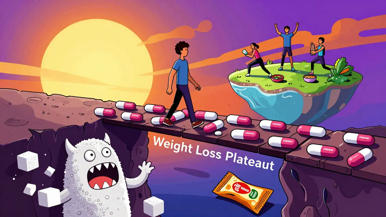 Person crossing a pill bridge over a sugar monster toward a healthy life.