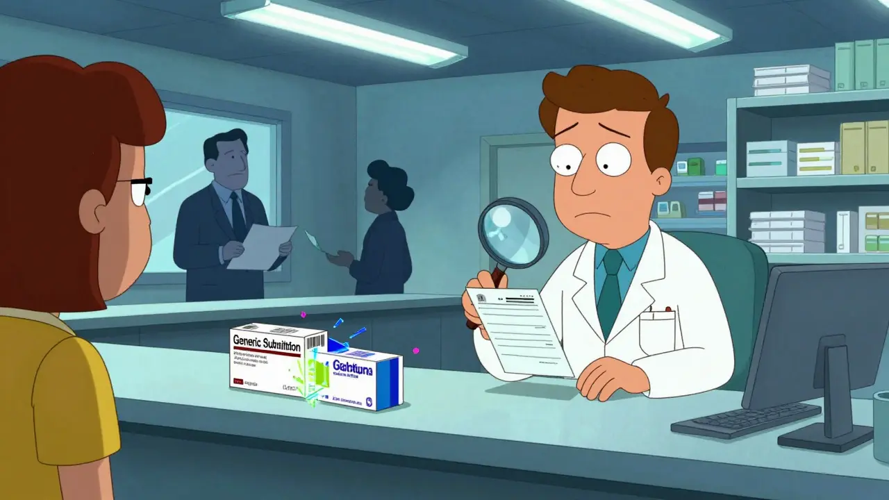 Pharmacist reviewing prescription with substitution doubts