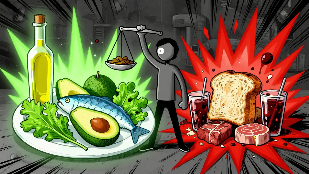 Split image showing healthy Mediterranean foods vs unhealthy processed junk.
