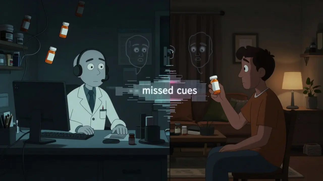 Split screen showing pharmacist and patient with glitchy connection