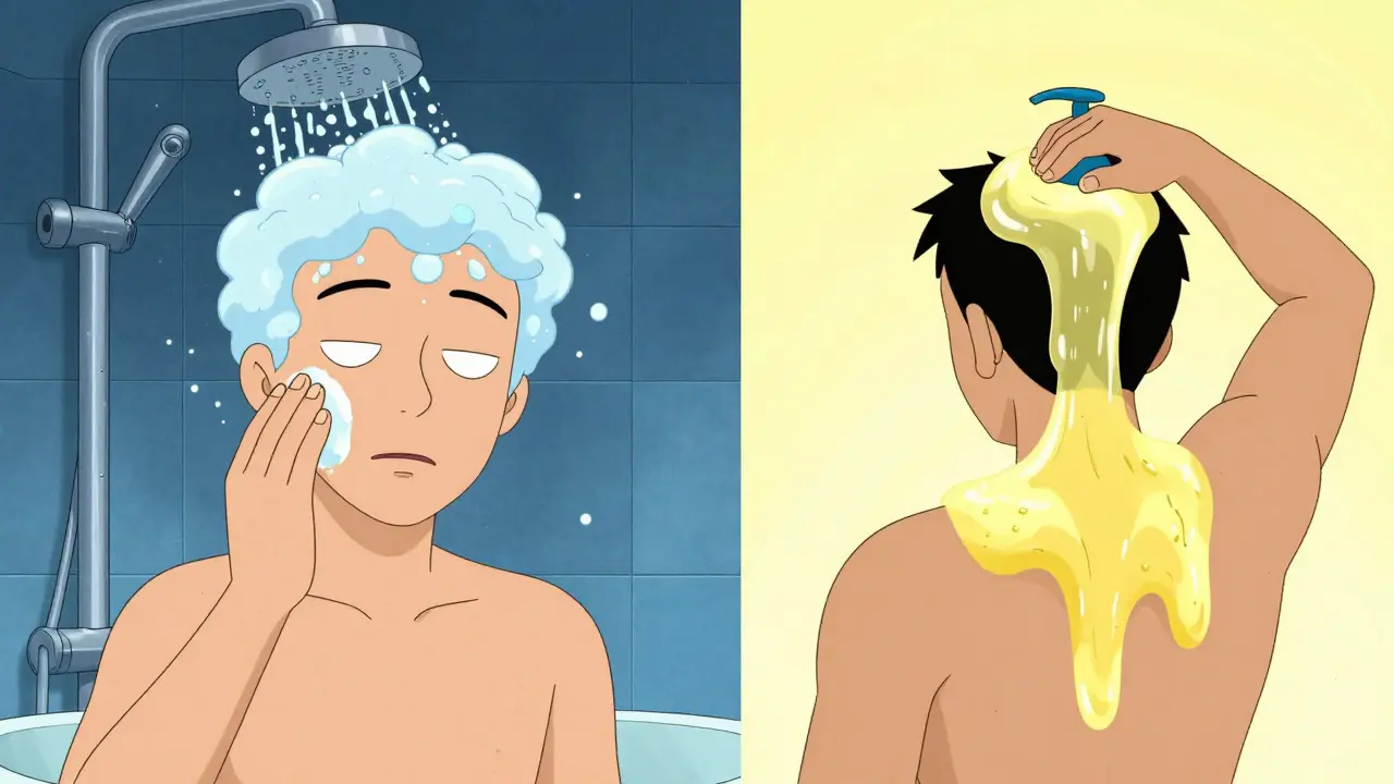 Split screen showing topical acne treatments and antifungal shampoo