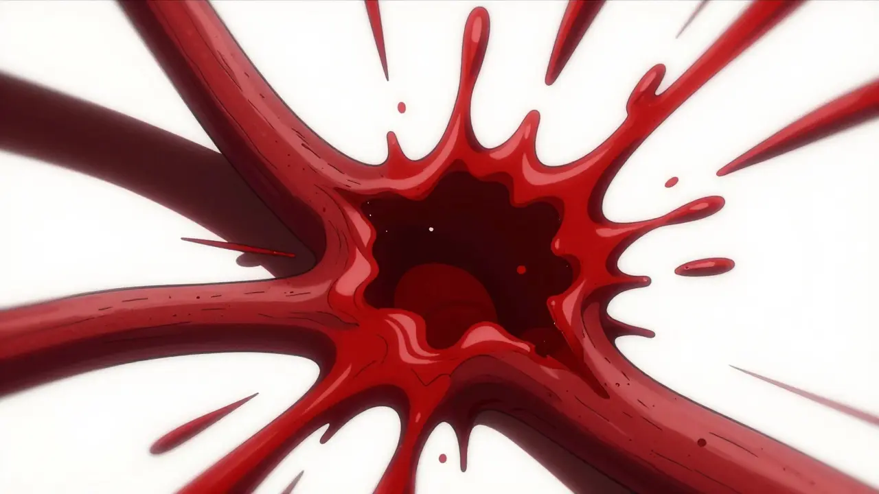 Stylized blood vessel bursting with red splash for hemorrhagic stroke