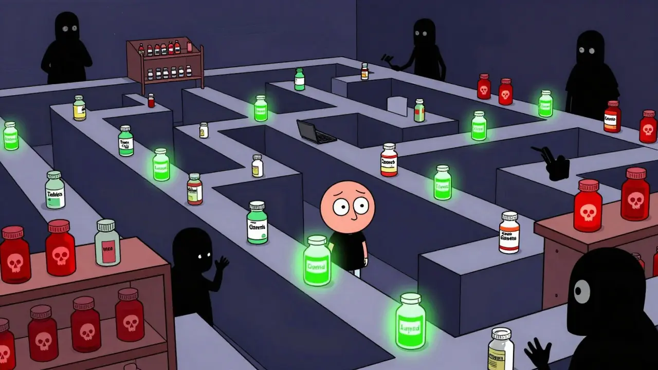 Character navigating a maze of medicine bottles representing online shopping