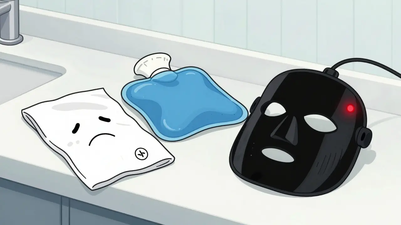 Comparison of washcloth, gel pack, and electric eye mask