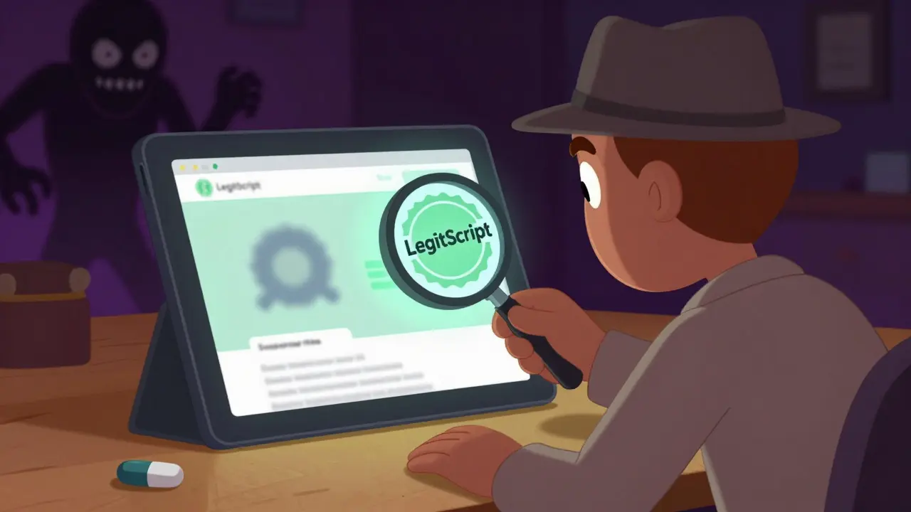 Detective checking for legitimate pharmacy seals online