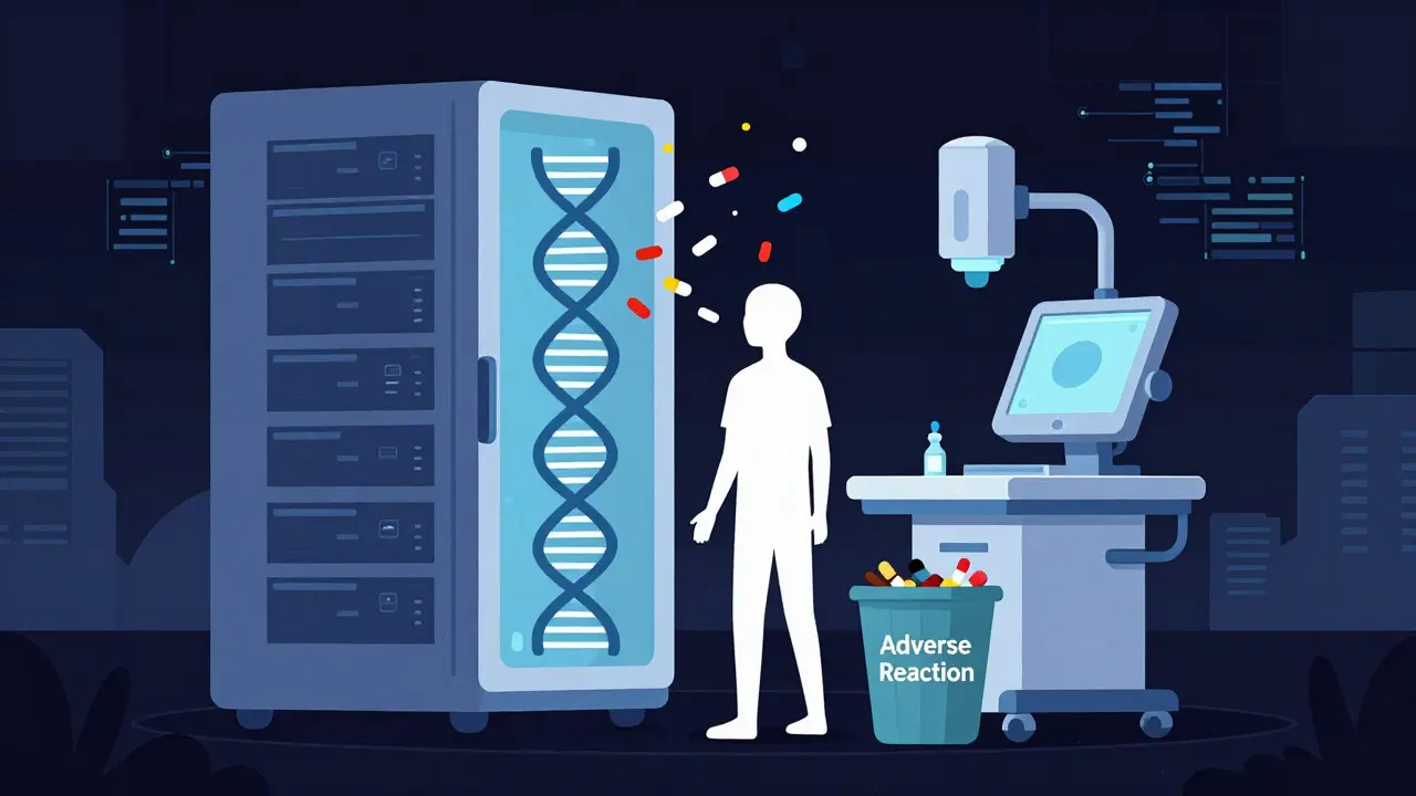 DNA-based machine sorting pills for personalized medicine in dark style