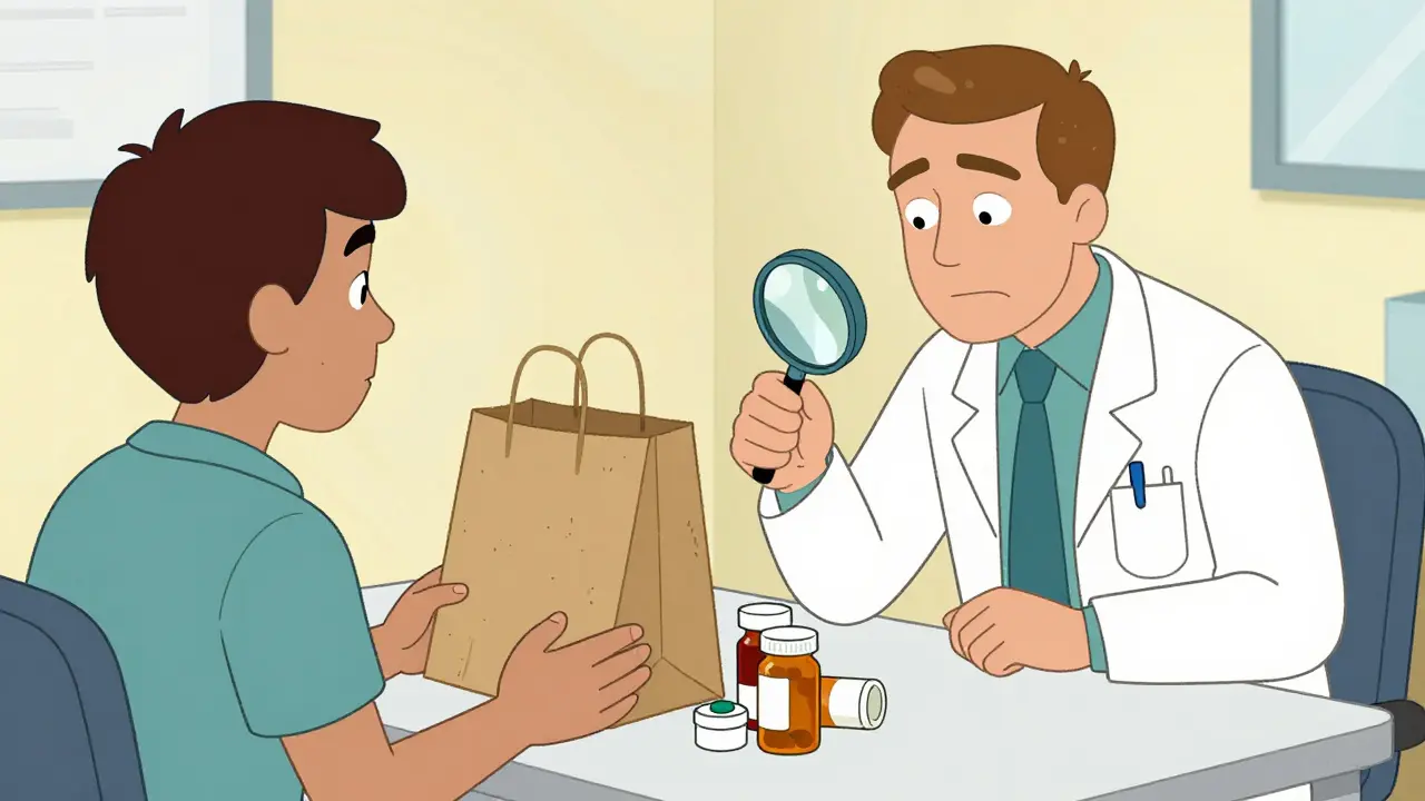 Doctor reviewing patient's medications from a brown paper bag