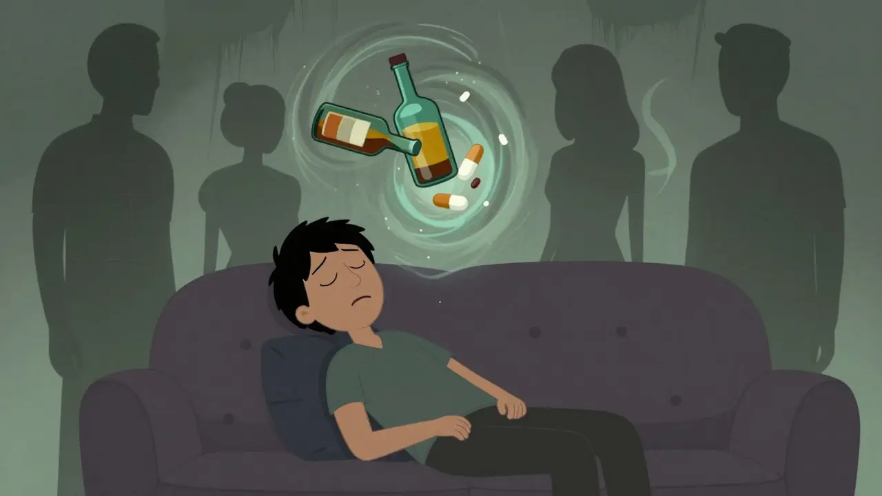 Drowsy person surrounded by shadowy drug interaction silhouettes
