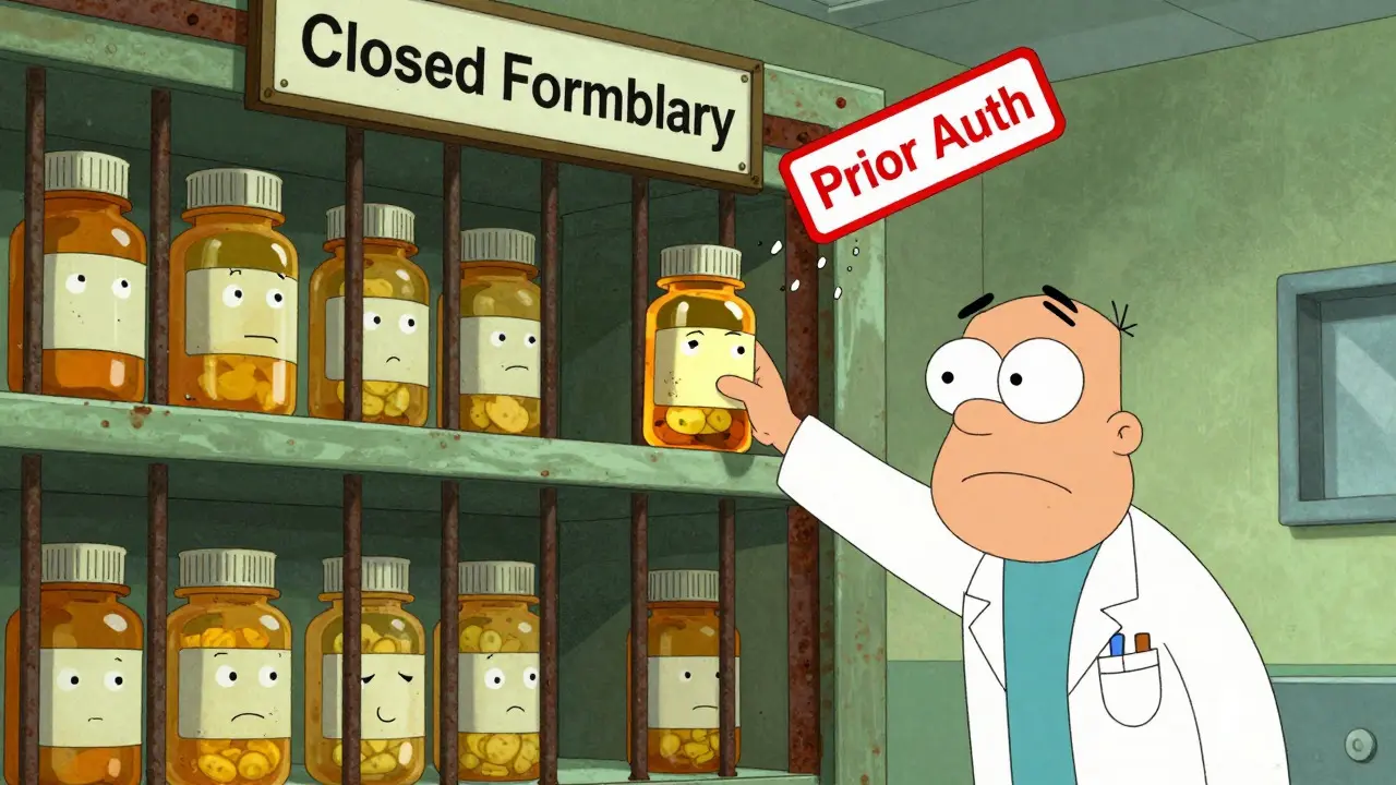 Frustrated doctor blocked by formulary gates from reaching a specific pill