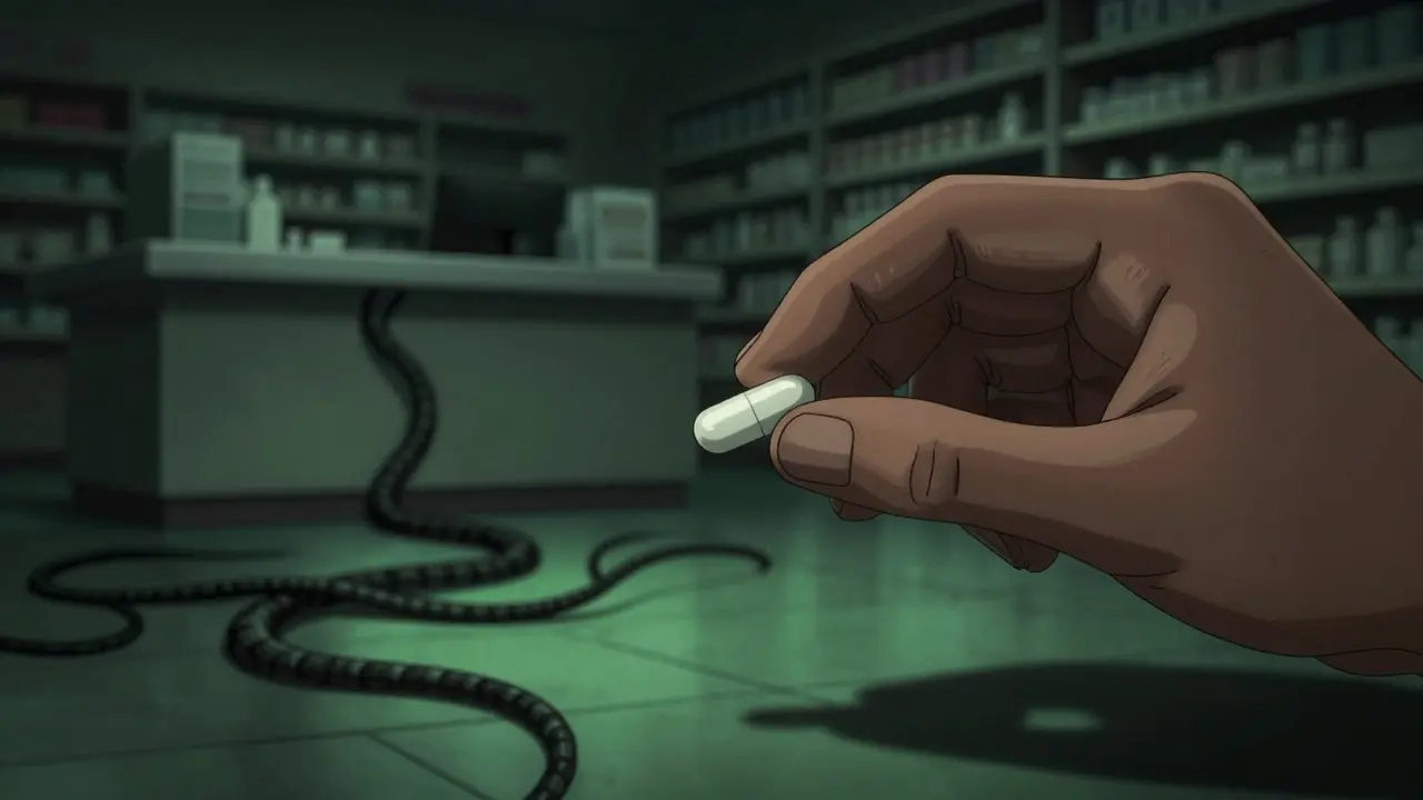 Hand holding gabapentin capsule casting a nerve-like shadow in dark room