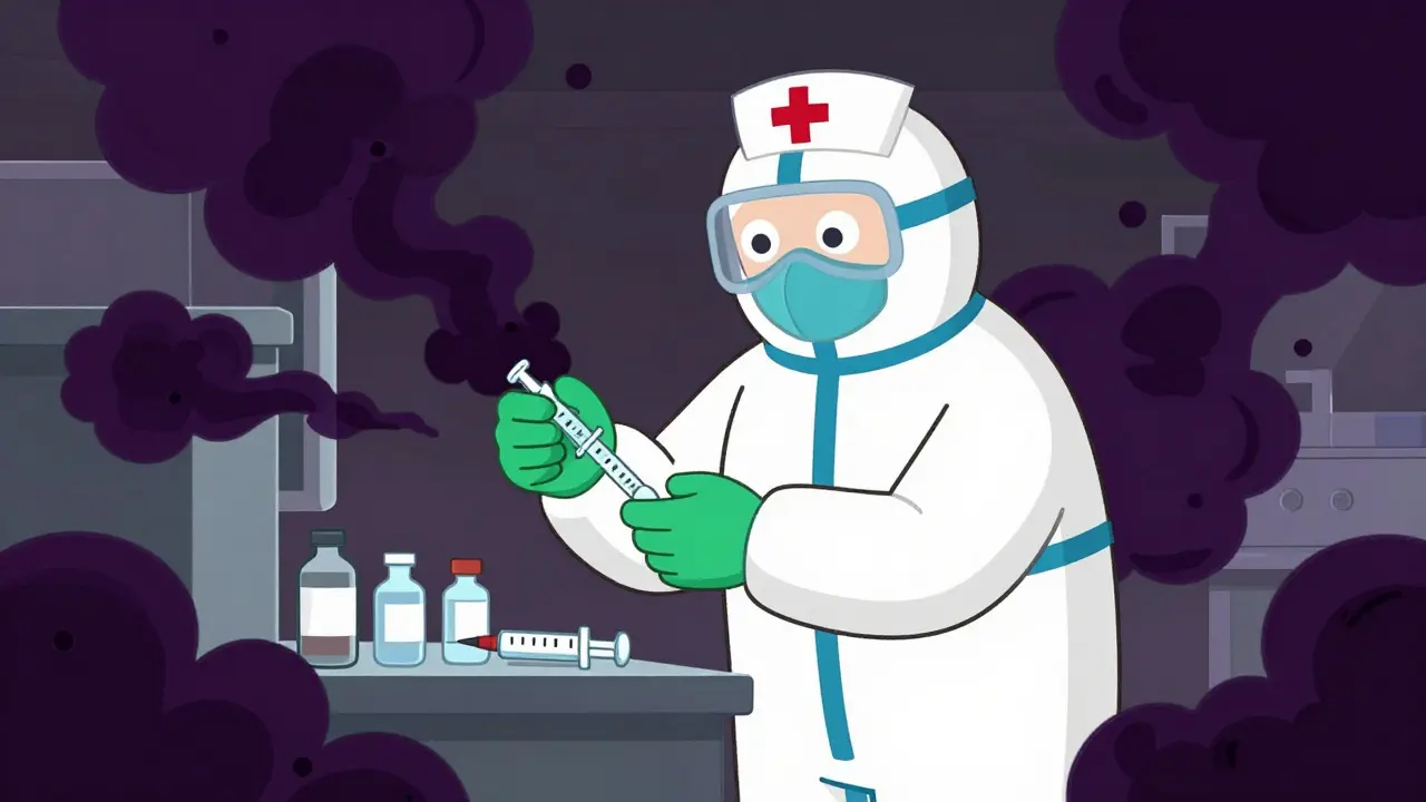 Illustration of nurse in bulky PPE handling toxic drug vapors
