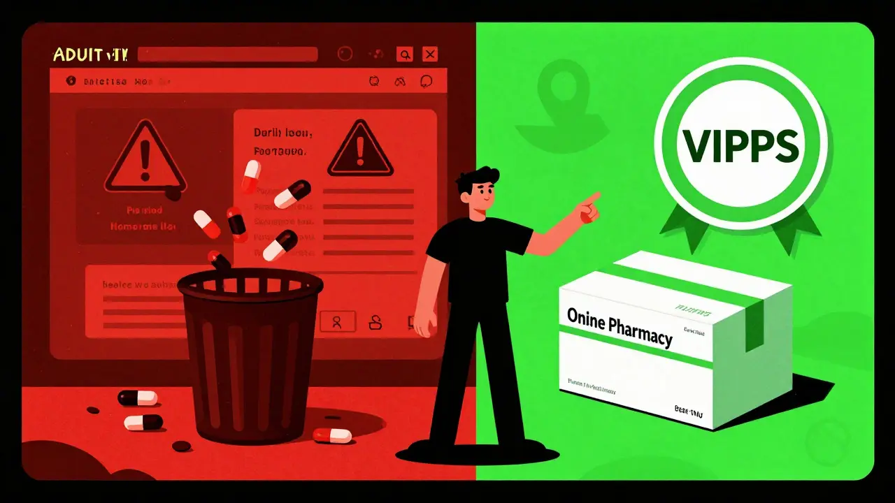 Illustration showing safe verified pharmacy vs unsafe scam websites