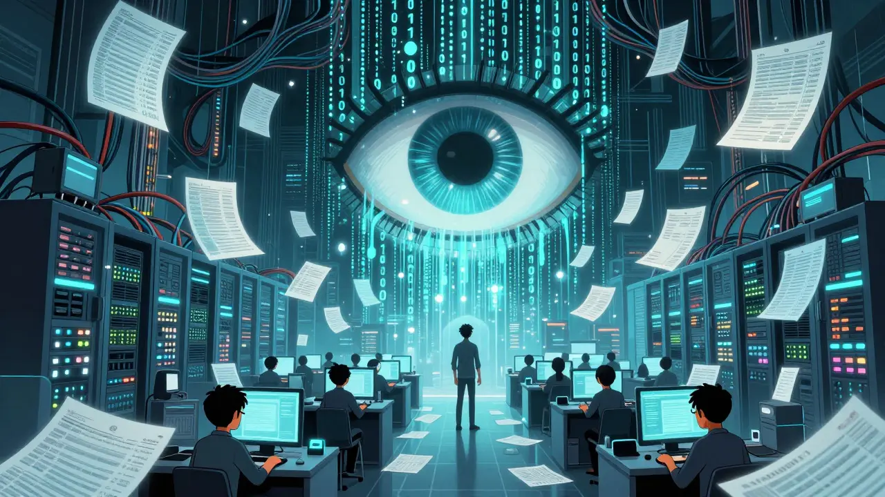 Massive data eye scanning health records in a server room