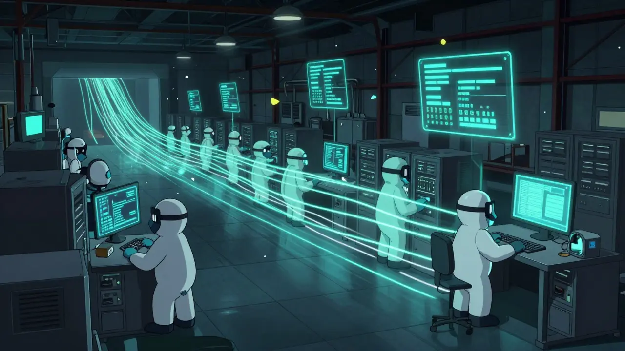 Neon-lit warehouse showing digital drug tracking data flows