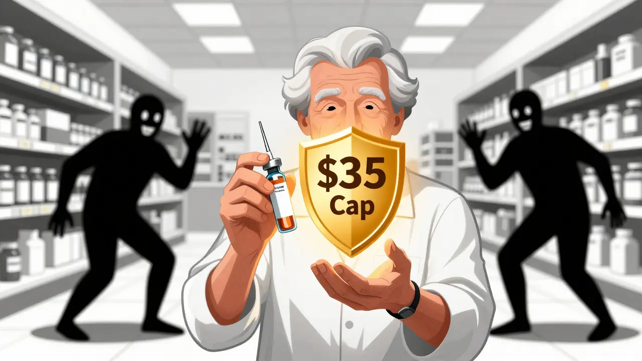 Patient holding insulin protected by a price cap shield against hidden fees