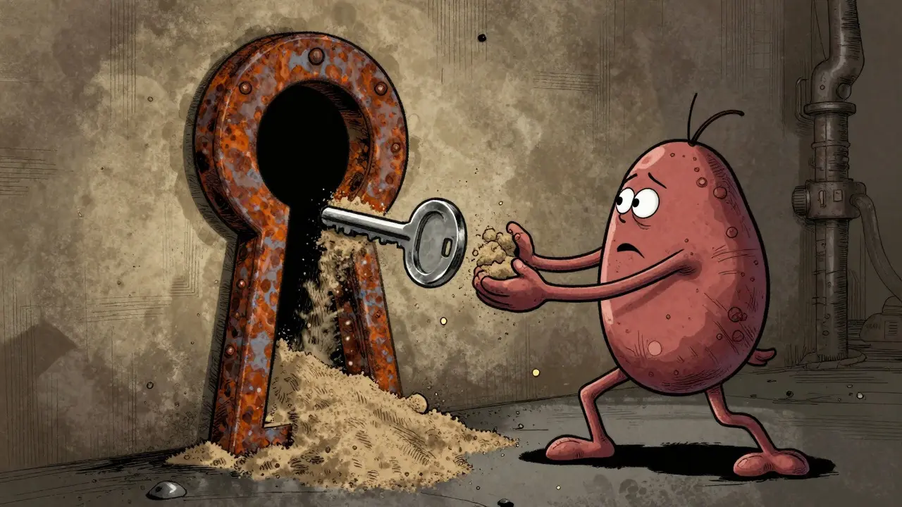 Sand blocking a keyhole representing blocked nerve signals
