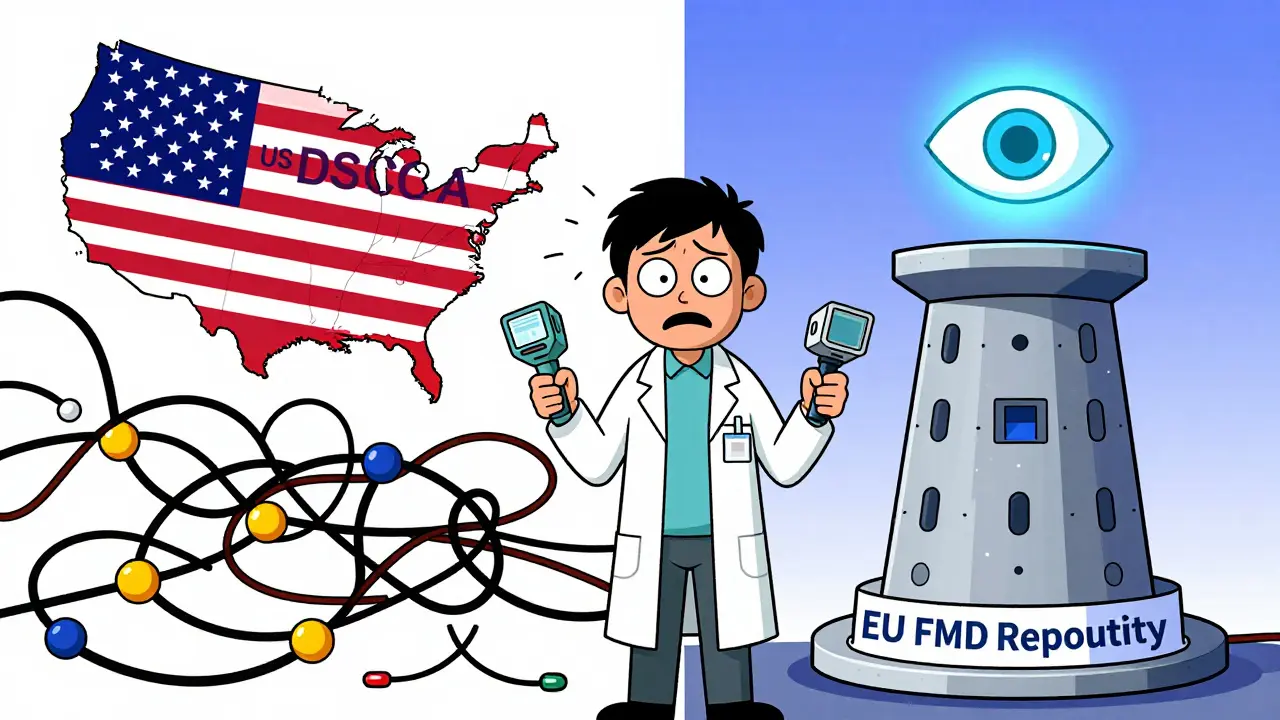 Satirical split scene comparing US and EU drug security models
