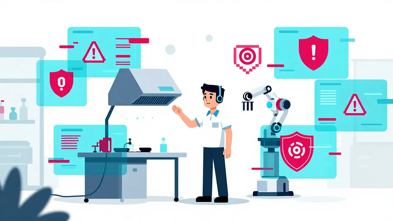 Surreal cartoon of worker monitored by glitchy AI safety systems