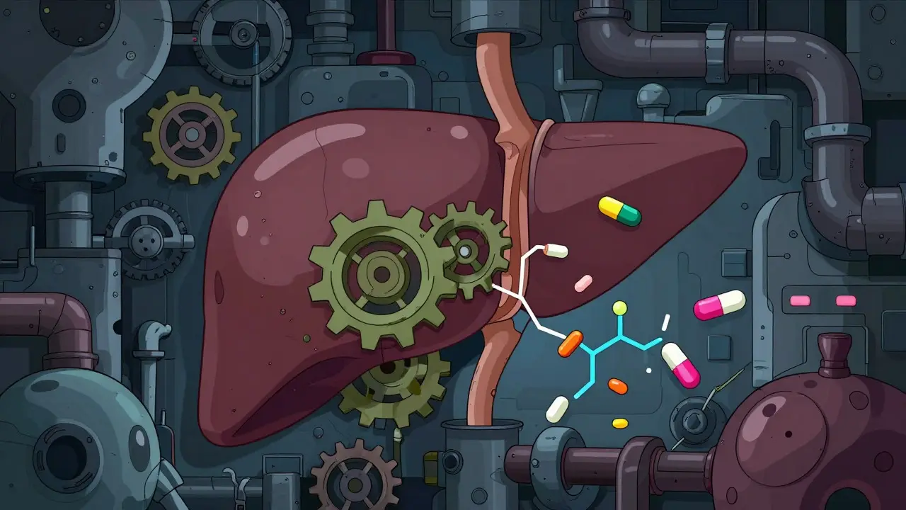 Abstract illustration of liver enzymes speeding up drug metabolism process