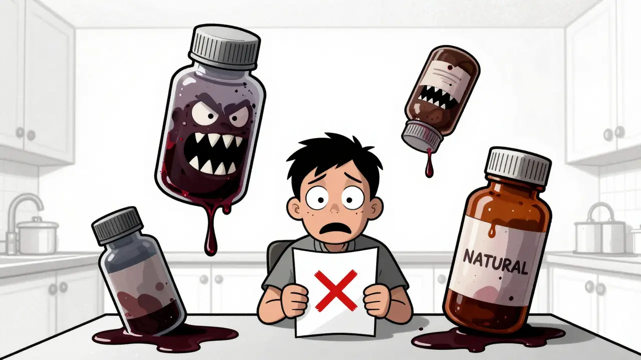 Anxious patient surrounded by monstrous, aggressive pill bottles