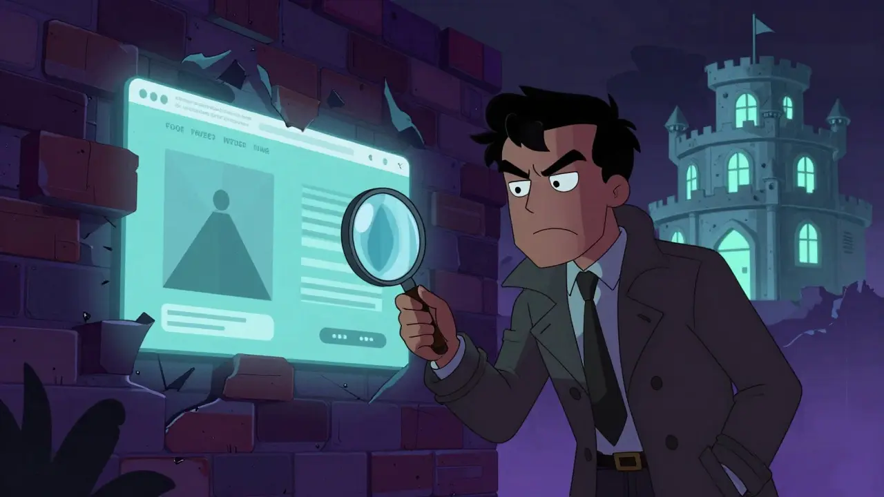 Cartoon detective verifying online pharmacy safety with a magnifying glass