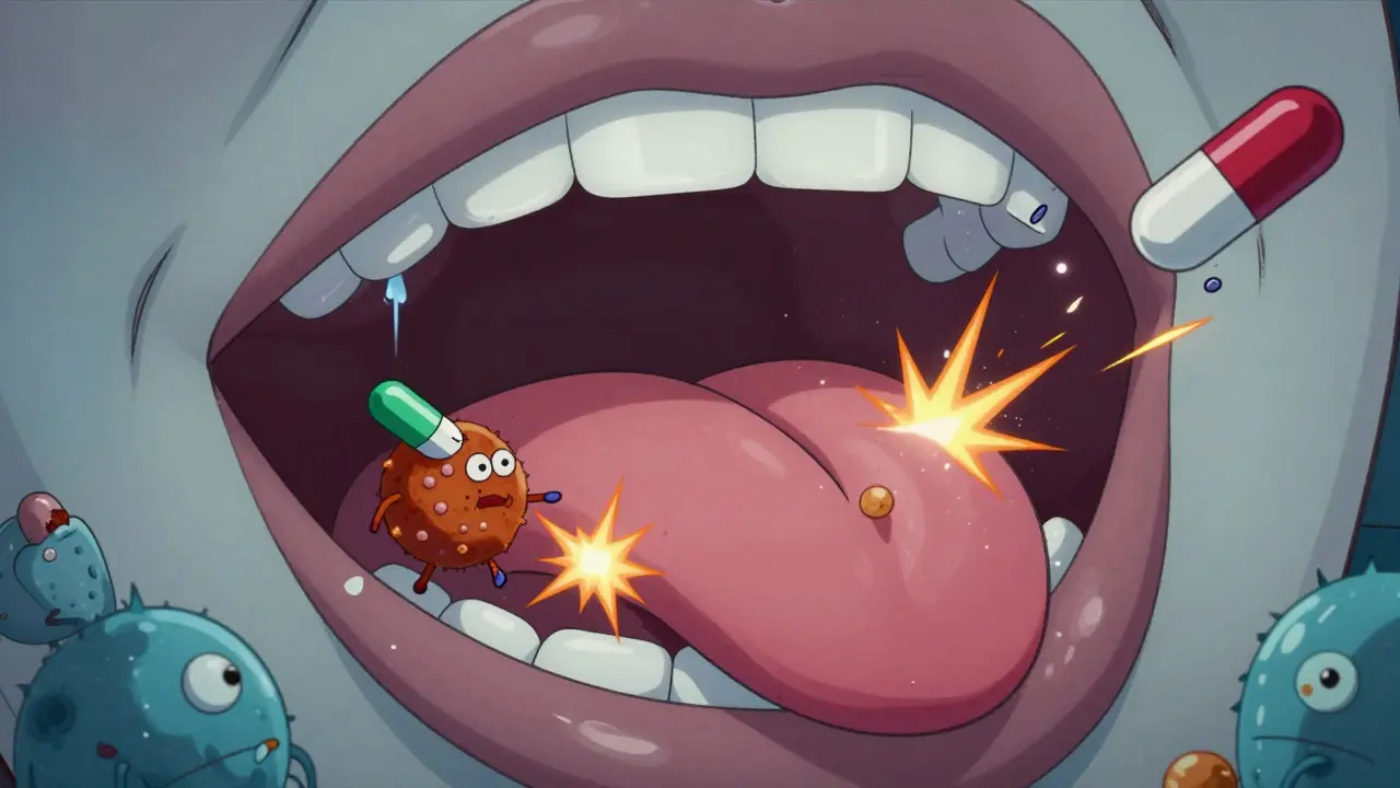 Cartoon pills attacking taste buds on a tongue, showing medication side effects.