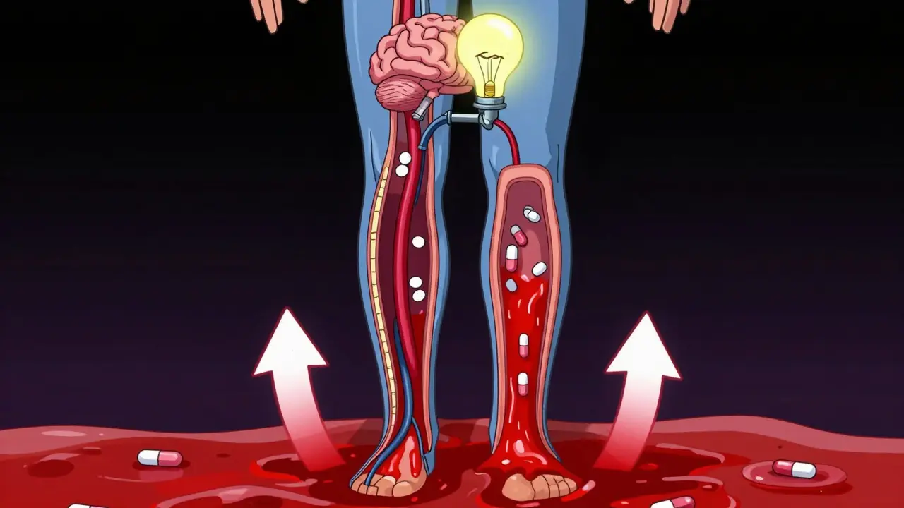 Cartoon visualization of blood pooling in legs and starving brain due to medication
