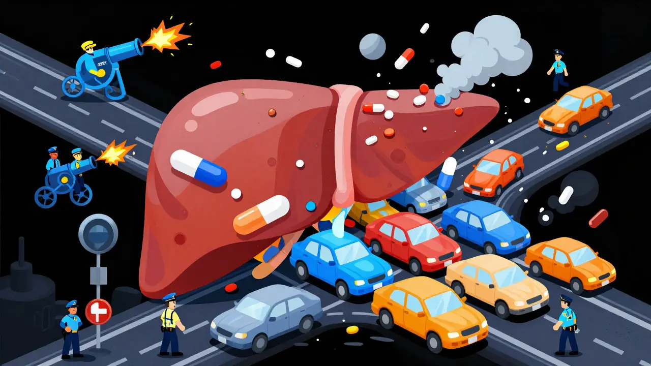 Chaotic liver intersection with pills piling up due to enzyme failure