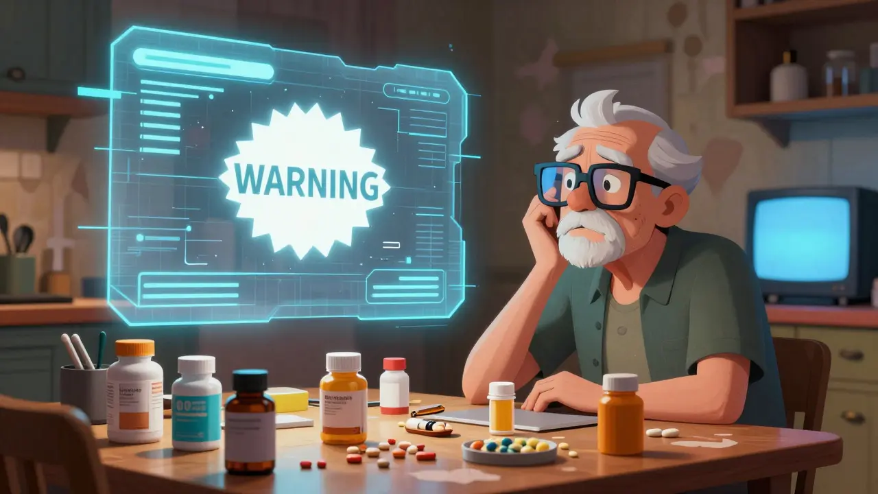 Confused elderly person surrounded by pills checking for dangerous interactions