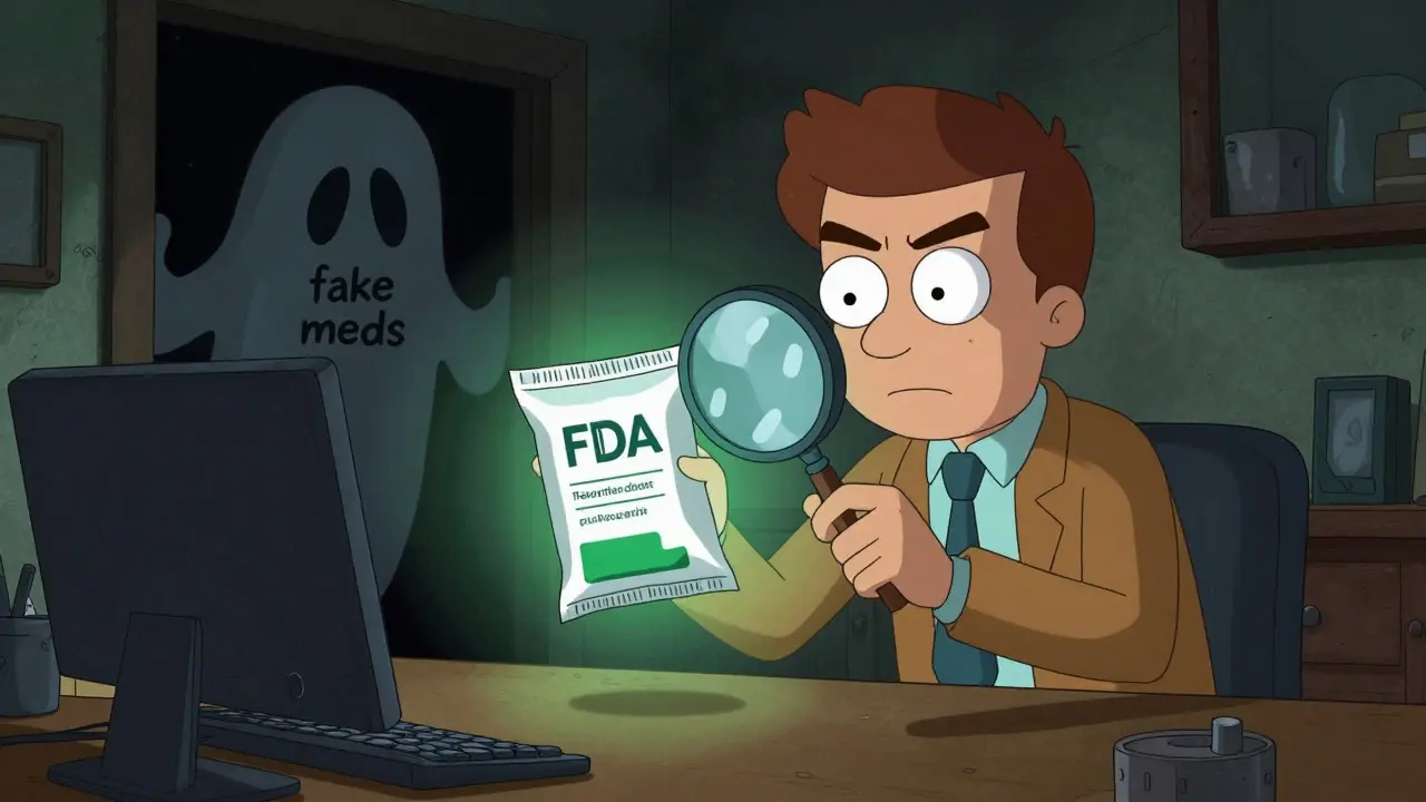 Detective verifying safe online medication source