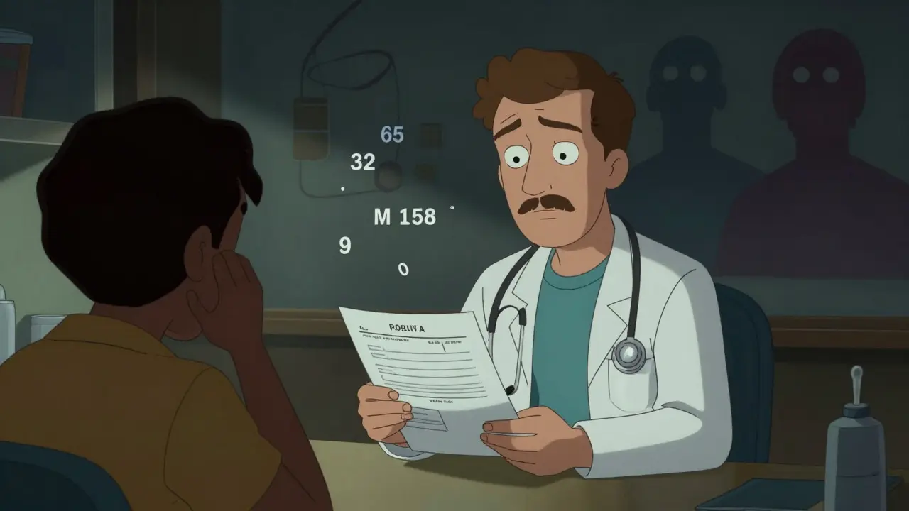 Doctor and patient discussing medication risks in moody Adult Swim animation style