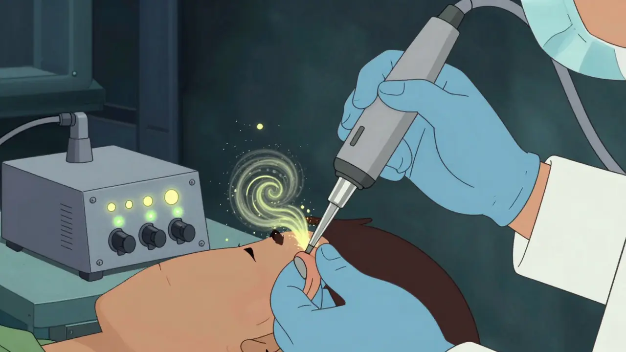 Doctor using a vacuum tool to remove wax from a patient's ear