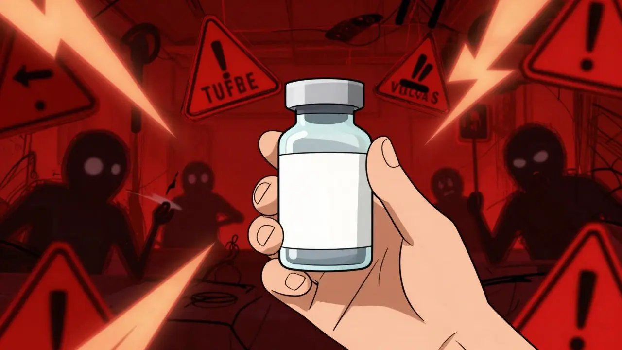 Hand holding safe medicine amidst chaotic scam warnings