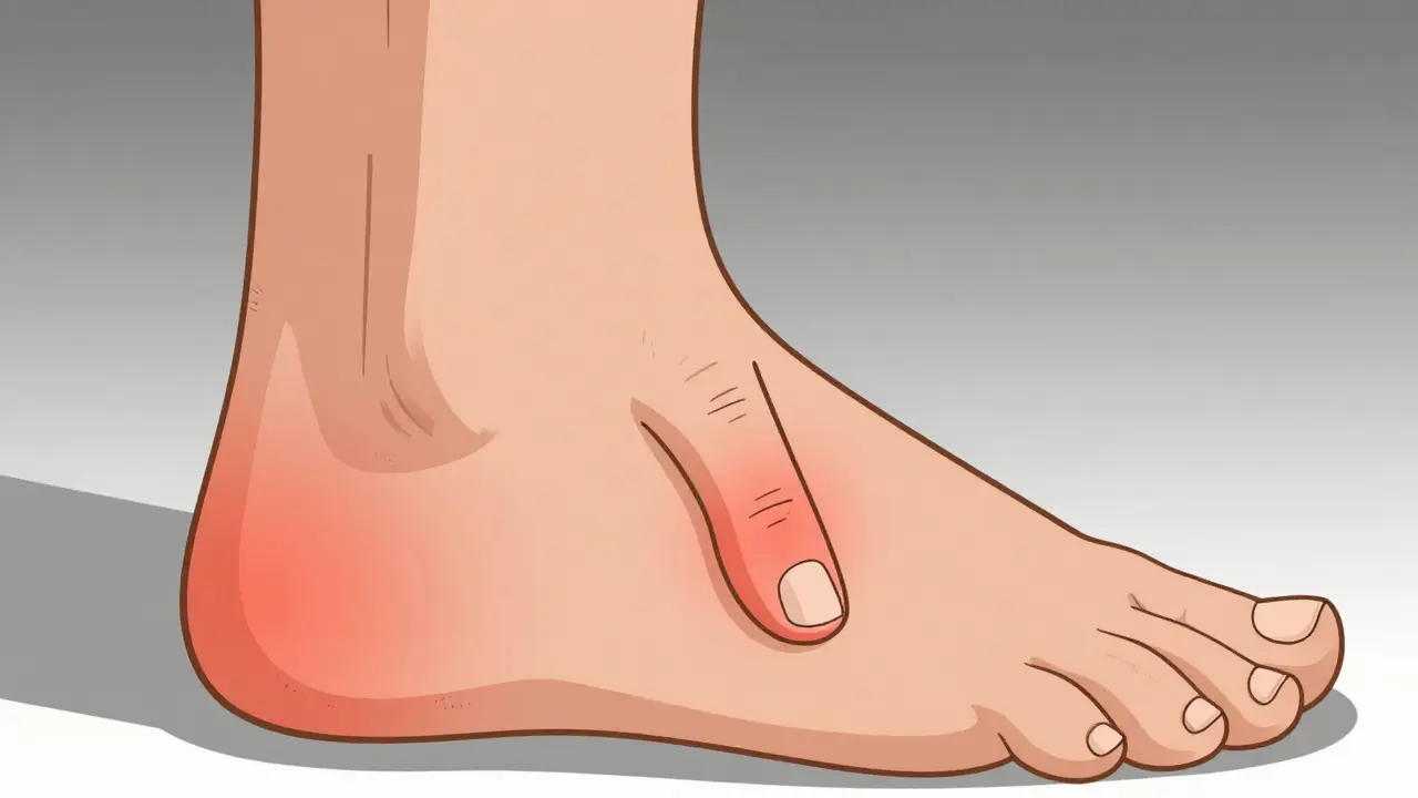 Illustration of a hand and foot showing joint swelling and nail changes