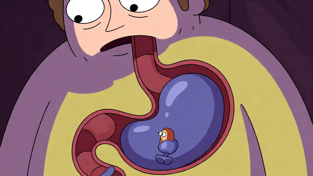 Illustration of swollen esophageal varices being treated with bands