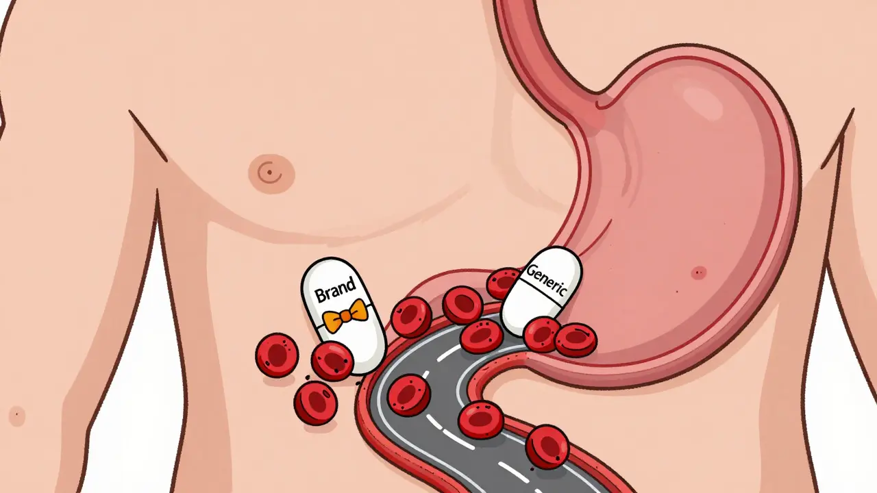 Illustration of two pills dissolving into the same bloodstream in a human body
