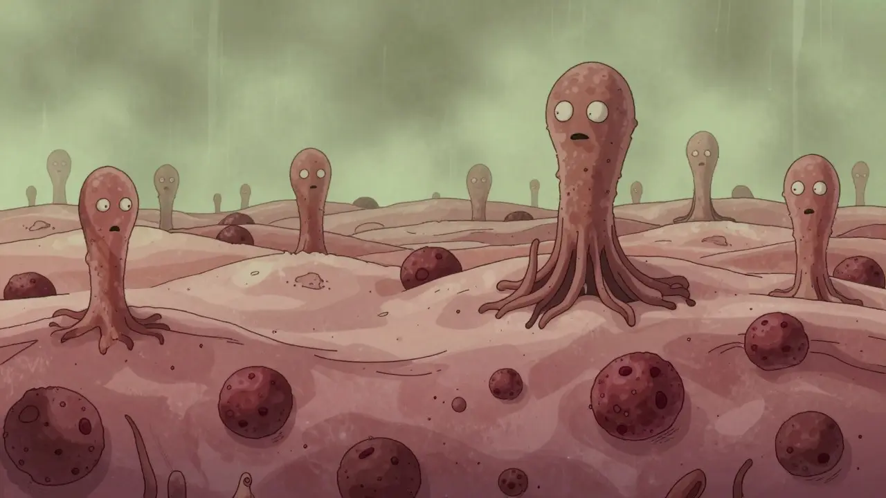 Microscopic view of yeast overgrowth on skin landscape