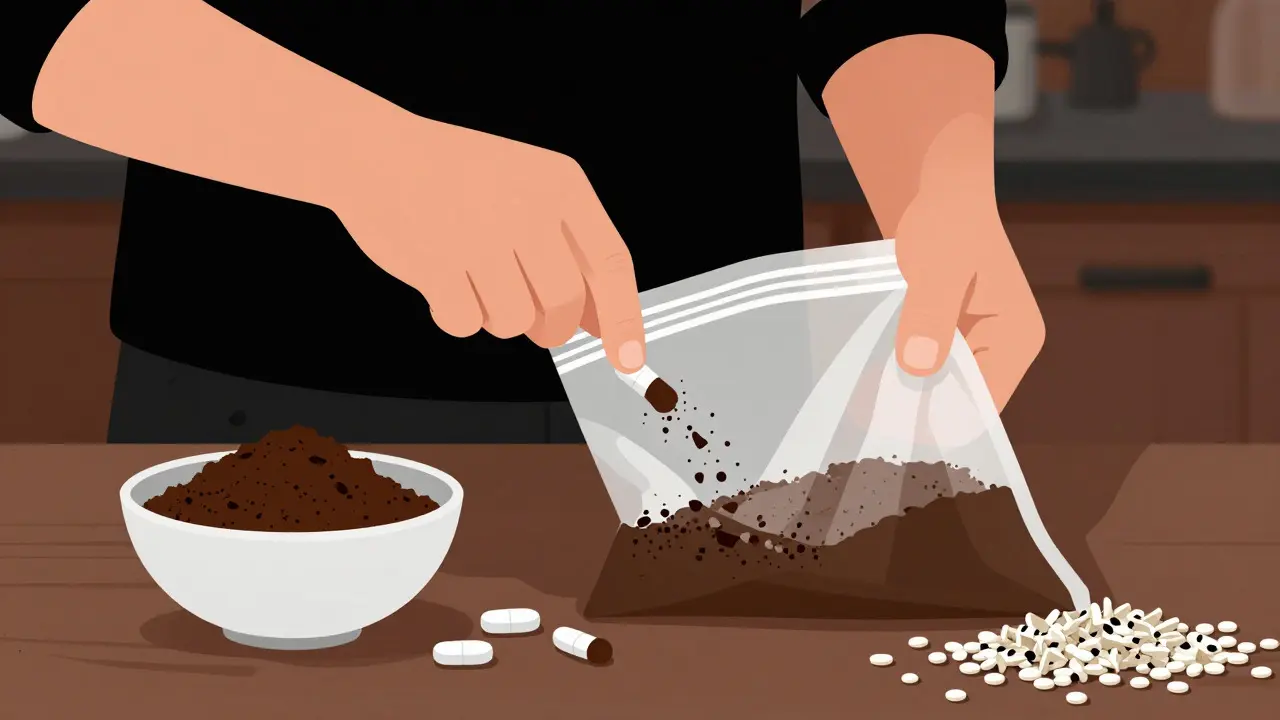 Mixing expired pills with coffee grounds for safe disposal