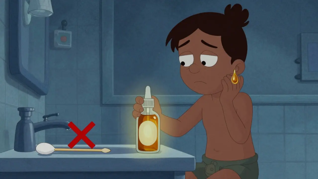 Person applying oil drops to their ear while avoiding cotton swabs